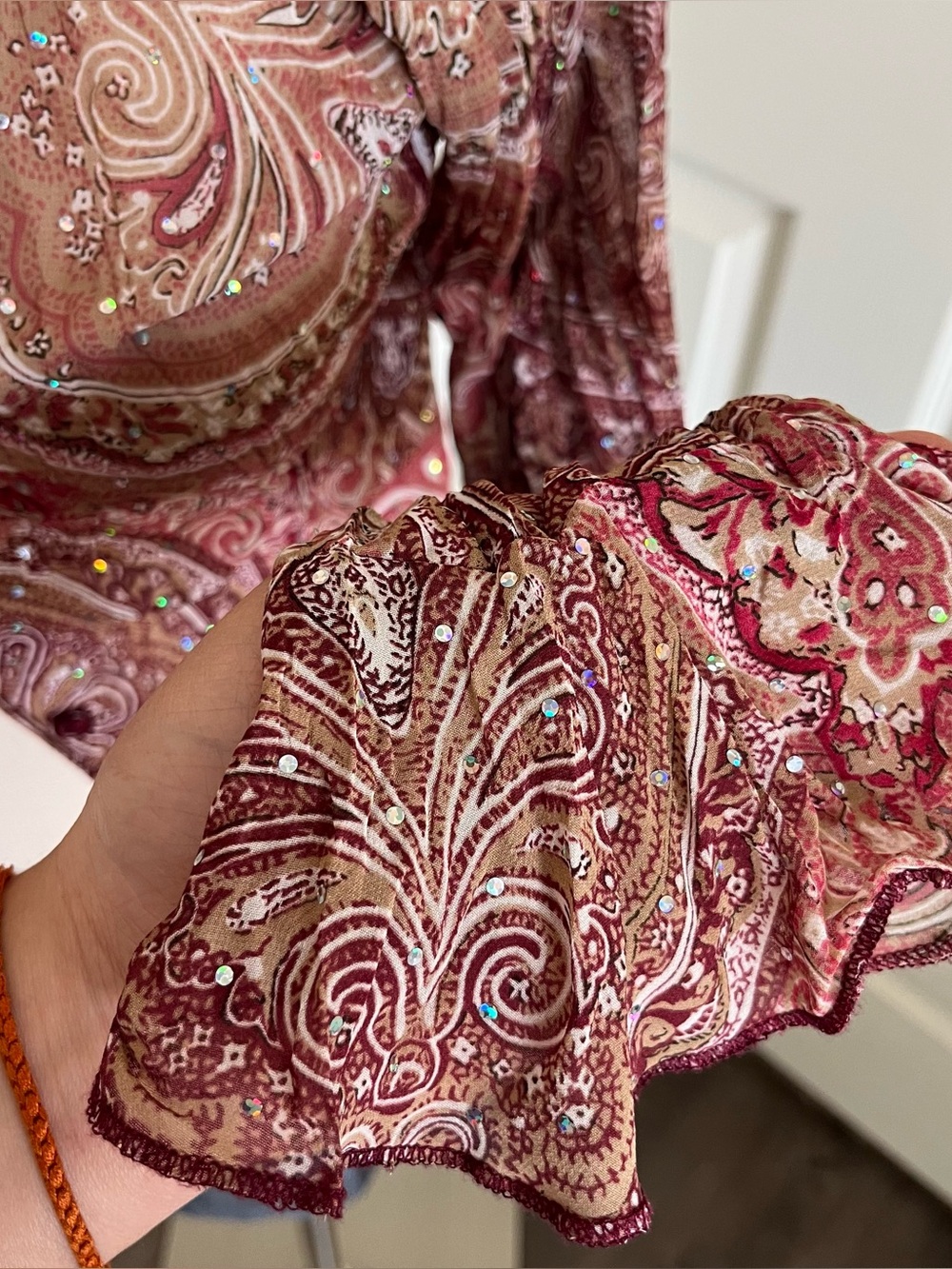 No Boundaries Burgundy Paisley Ruffle-Trim Sheer Blouse - Picture 7 of 7